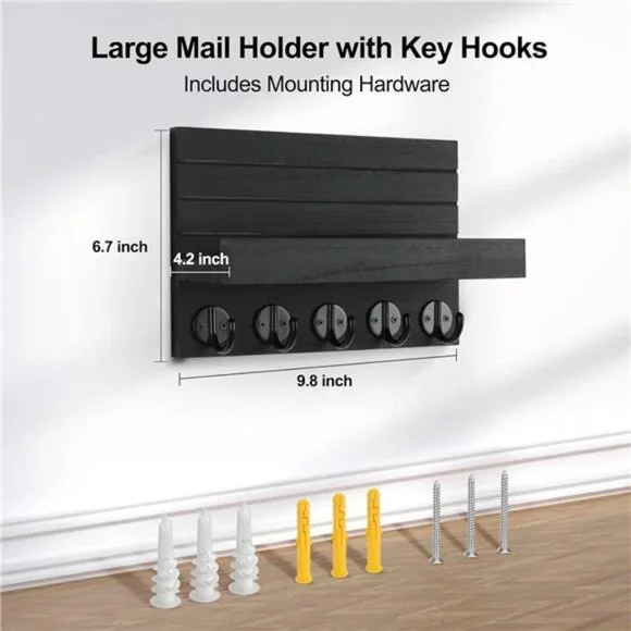 Key Holder for Wall, Decorative Key and Mail Holder with Shelf Has Large Hooks - Picture 2 of 16